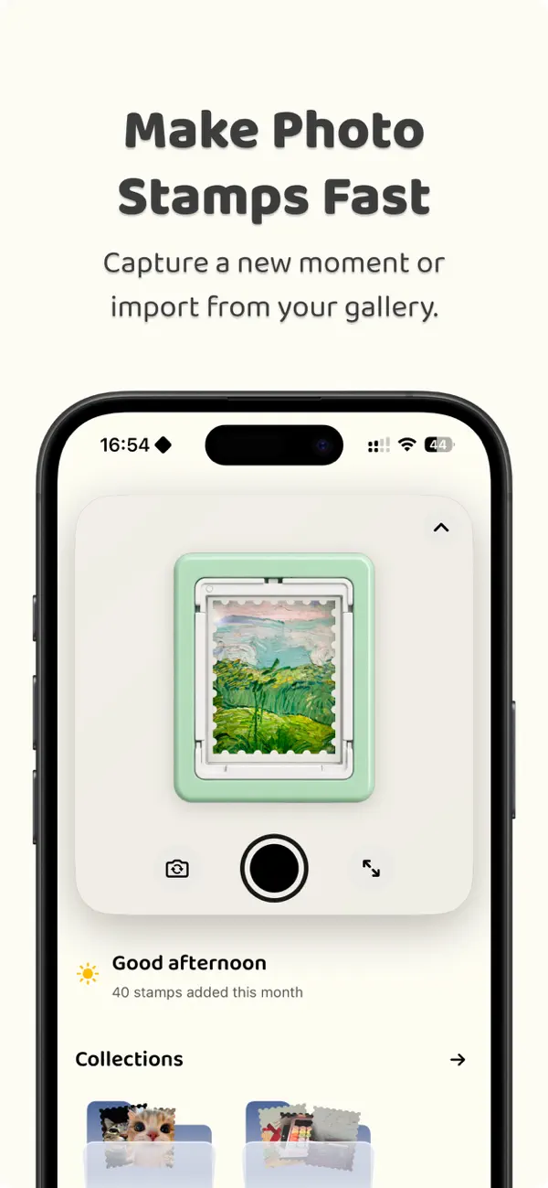 Stampify App Store screenshot showing photo stamp collections
