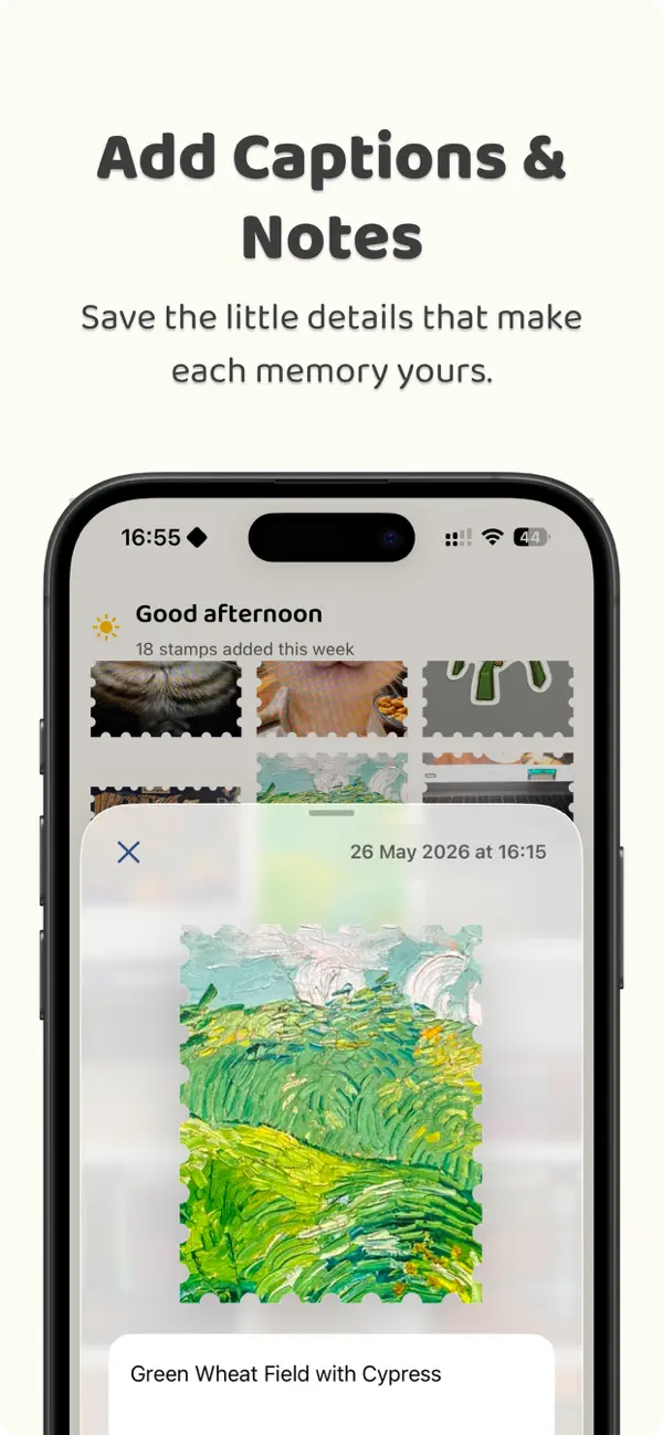 Stampify App Store screenshot showing scrapbook and stamp layout features